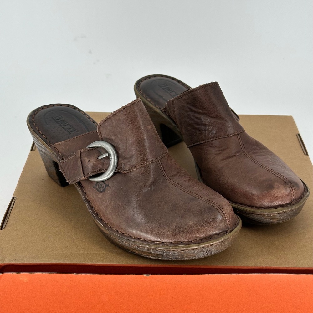 Born Gama Brown Leather Wood Block Heel Mule Clogs‎ Buckle Silver Chunky 9